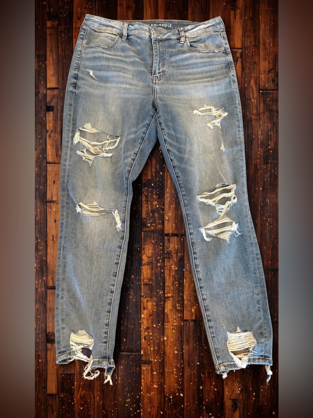 American Eagle Next Level Stretch Distressed Skinny Jeans Light Wash Raw Hem